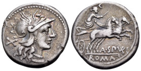 A. Spurilius, 139 BC. Denarius (Silver, 18.5 mm, 3.78 g, 12 h), Rome mint. Helmeted head of Roma to right; behind, X (mark of value). Rev. A•SP(VR)I /...