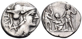 Ti. Veturius, 137 BC. Denarius (Silver, 19 mm, 2.61 g, 6 h), Rome mint. TI•(VET) Helmeted and draped bust of Mars to right; behind, X (mark of value)....