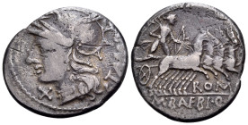 M. Baebius Q.f. Tampilus, 137 BC. Denarius (Silver, 20 mm, 3.50 g, 10 h), Rome mint. TAMPIL Helmeted head of Roma to left; below chin, X (mark of valu...