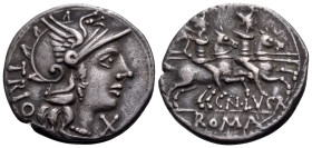 Cn. Lucretius Trio, 136 BC. Denarius (Silver, 18.5 mm, 3.80 g, 7 h), Rome mint. TRIO Helmeted head of Roma to right; below chin, X (mark of value). Re...