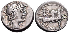 M. Opimius, 131 BC. Denarius (Silver, 17.5 mm, 3.89 g, 9 h), Rome mint. Helmeted head of Roma to right; behind, tripod; below chin, XVI monogram (mark...