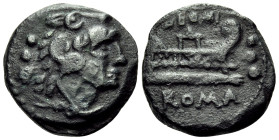 Cn. Domitius Ahenobarbus, 128 BC. Quadrans (Bronze, 16.5 mm, 4.11 g, 2 h), Rome mint. Head of Hercules to right, wearing lion skin; behind, ••• (mark ...