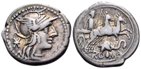 L. Caecilius Metellus Diadematus (?), 128 BC. Denarius (Silver, 19.5 mm, 3.80 g, 10 h), series with elephant's head, Rome mint. Helmeted head of Roma ...