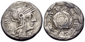 M. Caecilius Q.f. Q.n. Metellus, 127 BC. Denarius (Silver, 17.5 mm, 3.77 g, 1 h), Rome mint. ROMA Head of Roma to right with star on flap; below chin,...