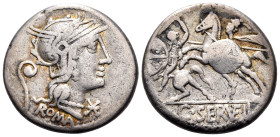 C. Servilius Vatia, 127 BC. Denarius (Silver, 18 mm, 3.84 g, 4 h), Rome mint. ROMA Helmeted head of Roma to right; behind, lituus; below chin, XVI mon...