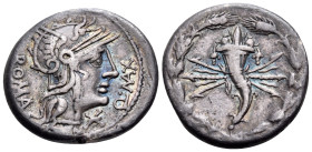 Q. Fabius Maximus, 127 BC. Denarius (Silver, 18.5 mm, 3.84 g, 9 h), Rome mint. ROMA - Q•MAX Helmeted head of Roma to right; below chin, XVI monogram. ...