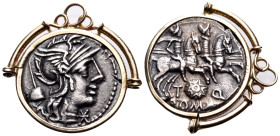 T. Quinctius Flamininus, 126 BC. Denarius (Silver, 23 mm, 4.81 g, 9 h), Rome mint. Helmeted head of Roma to right; behind, Apex; below chin, XVI monog...
