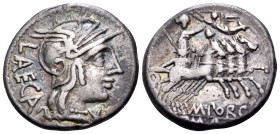 M. Porcius Laeca, 125 BC. Denarius (Silver, 17.5 mm, 3.84 g, 3 h), Rome mint. LAECA Helmeted head of Roma to right; below chin, XVI monogram (mark of ...