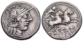 C. Cato, 123 BC. Denarius (Silver, 19 mm, 3.93 g, 1 h), Rome mint. Helmeted head of Roma to right; behind, X (mark of value). Rev. C•CATO / ROMA Victo...