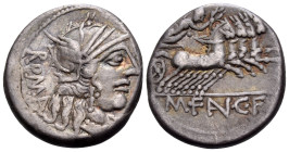 M. Fannius C.f, 123 BC. Denarius (Silver, 18 mm, 3.84 g, 11 h), Rome mint. ROMA Helmeted head of Roma to right; below chin, X. Rev. M•F (AN)•C•F Victo...