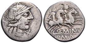 Q. Minucius Rufus, 122 BC. Denarius (Silver, 18.5 mm, 3.85 g, 6 h), Rome mint. RVF Helmeted head of Roma to right; below chin, X (mark of value). Rev....