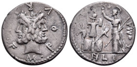 M. Furius L.f. Philus, 120 BC. Denarius (Silver, 19 mm, 3.80 g, 5 h), Rome mint. M•FOVRI•L•F Laureate head of Janus. Rev. (PH)LI / ROMA Roma standing ...