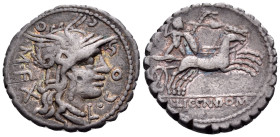 L. Cosconius M.f, 118 BC. Denarius Serratus (Silver, 19.5 mm, 3.90 g, 10 h), Narbo mint. L•COS-C-O•M•F Helmeted head of Roma to right, X (mark of valu...