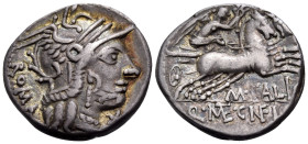 Marcus Calidus, Q. Metellus and Cn. Fulvius, 117-116 BC. Denarius (Silver, 19 mm, 3.82 g, 6 h), Rome mint. ROMA Helmeted head of Roma to right; below ...