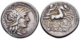Marcus Calidus, Q. Metellus and Cn. Fulvius, 117-116 BC. Denarius (Silver, 20 mm, 3.79 g, 3 h), Rome mint. ROMA Helmeted head of Roma to right; below ...