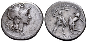 T. Didius, 113-112 BC. Denarius (Silver, 20 mm, 3.76 g, 6 h), Rome mint. Helmeted head of Roma to right; behind, ROMA in monogram; below chin, XVI mon...