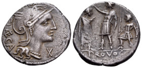 P. Laeca, 110-109 BC. Denarius (Silver, 18 mm, 3.67 g, 4 h), Rome mint. ROMA- P•L(AE)CA Helmeted head of Roma to right; below chin, X (mark of value)....