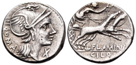L. Flaminius Chilo, 109-108 BC. Denarius (Silver, 18 mm, 3.95 g, 4 h), Rome mint. ROMA Helmeted head of Roma to right; below chin, X (mark of value). ...