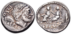 Q. Servilius Caepio, 100 BC. Denarius (Silver, 18 mm, 3.99 g, 12 h), Rome mint. PISO / CAEPIO Q Laureate head of Saturn to right; behind, harpa ; befo...