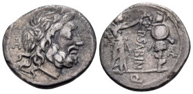 P. Sabinus, 99 BC. Quinarius (Silver, 14.5 mm, 1.74 g, 3 h), Rome mint. Laureate head of Jupiter to right; behind, A. Rev. P.SABINVS Victory standing ...