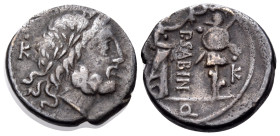P. Sabinus, 99 BC. Quinarius (Silver, 13 mm, 1.77 g, 10 h), Rome mint. Laureate head of Jupiter to right; behind, K. Rev. P.SABIN Victory standing to ...