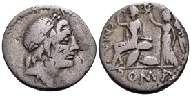 C. Malleolus, 96 BC. Denarius (Silver, 19 mm, 3.46 g, 9 h), Rome mint. Laureate head of Apollo to right. Rev. C•MALL / ROMA Roma seated to left on shi...