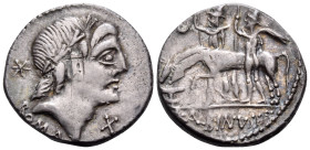 L. Caecilius Metellus, A. Postumius S.f. Albinus, C. Poblicius Malleolus, Circa 96 BC. Denarius (Silver, 19 mm, 3.97 g, 3 h), Rome mint. ROMA Laureate...