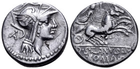 D. Junius Silanus, 91 BC. Denarius (Silver, 18 mm, 3.99 g, 2 h), Rome mint. Helmeted head of Roma to right; behind, A. Rev. D•SILANVS•L•F / ROMA Victo...