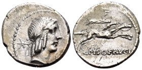 L. Calpurnius Piso Frugi, 90 BC. Denarius (Silver, 18 mm, 3.87 g, 1 h), Rome mint. Laureate head of Apollo to right, star behind, L before. Rev. L•PIS...