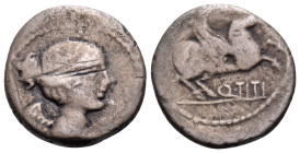 Q. Titius, 90 BC. Quinarius (Silver, 14 mm, 1.62 g, 1 h), Rome mint. Draped and winged bust of Victory to right. Rev. Q•TITI Pegasus leaping to right....