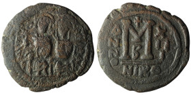 Justin II with Sophia (AD 565-578). Nicomedia. dated RY 13 = 587/8
AE Follis (30mm, 12,47g)