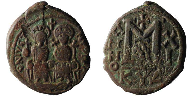 Justin II with Sophia (AD 565-578). Kyzikos. dated RY 11 = 575/6
AE Follis (32mm...