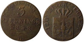 GERMANY. Prussia. Wilhelm III (1797 - 1840)
3 Pfennig 1838 (22mm, 3,88g)