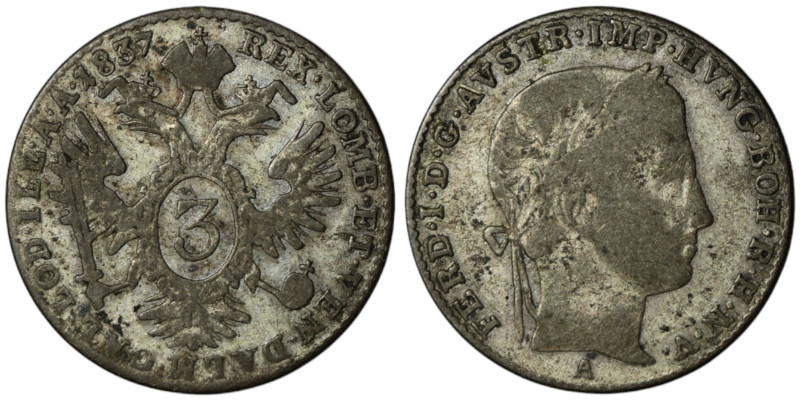 House of Habsburg. Franz I (1792)-1806-1835.
3 Kreuzer 1837 (18mm, 1,61g)