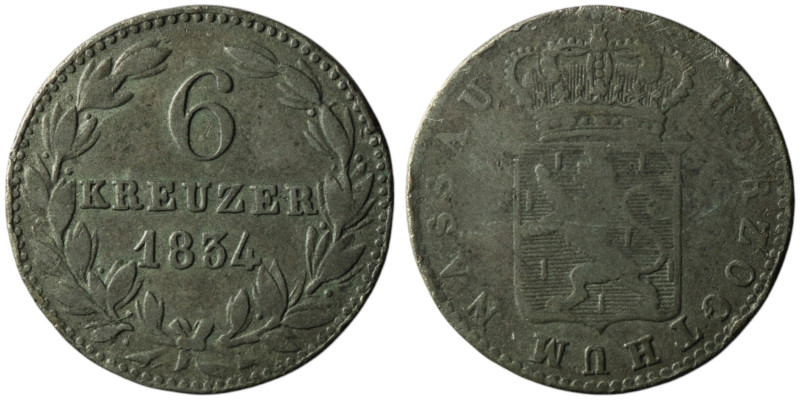 Nassau. Wilhelm (1816-1839)
6 Kreuzer 1834 (19mm, 2,20g)
