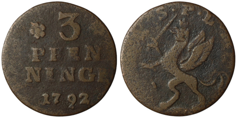 Pommern Schweden. Gustav IV. Adolf (1792-1809)
3 Pfennige 1792 (21mm, 2,18g)
