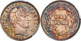 1894 Barber Dime. Proof-66 (PCGS).One of the finer examples of 972 pieces struck in the Proof format. Toned with rich iridescent hues of blue and gold...