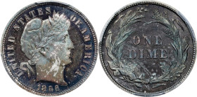 1896 Barber Dime. Proof-66+ (PCGS). CAC.Beautiful, slightly mottled iridescent toning with a few flashes of silvery brilliance in the center of the ob...