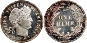 1899 Barber Dime. Proof-67 Cameo (CACG).An undeniably original Superb Gem example. The peripheries on both sides are toned in a handsome mix of charco...