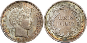 1904 Barber Dime. MS-66+ (PCGS). CAC.Satiny lilac surfaces with a vibrant halo of deep orange and bright yellow with splashes of vivid blue and lime. ...