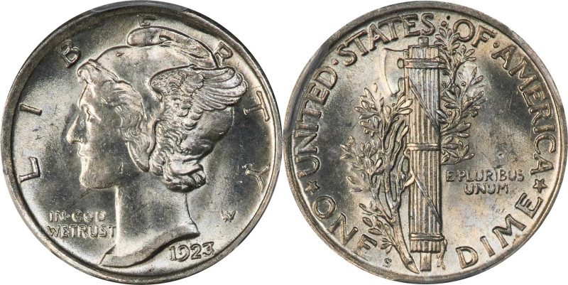 1923-S Mercury Dime. MS-64 FB (PCGS).A conditionally challenging issue, the 1923...