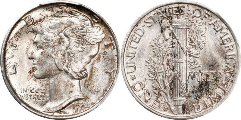 1931-S Mercury Dime. MS-65 FB (PCGS).Wisps of pale champagne-pink and russet iri...