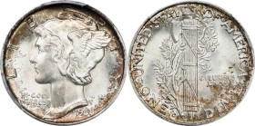 1938-D Mercury Dime. MS-68 FB (PCGS).Dazzling frosty surfaces are framed in gently mottled reddish-russet peripheral iridescence. Central striking det...