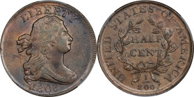 1808 Draped Bust Half Cent. C-3. Rarity-1. MS-64 BN (CACG).This lovely example is exceptionally well defined with a lustrous tan and brown obverse tha...