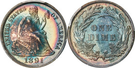 1891 Liberty Seated Dime. Fortin-101. Rarity-3. Proof-68 (PCGS). CMQ.An absolutely jaw-dropping Ultra Gem Proof dressed in wonderfully original toning...