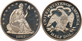 1867 Liberty Seated Half Dollar. Proof-66 Cameo (PCGS). CAC.An enchanting coin that is untoned apart from the lightest trace of pale gold and silver i...