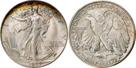 1937-S Walking Liberty Half Dollar. MS-67+ (PCGS). CMQ.A crescent of vivid, multicolored toning lines the upper obverse border and delivers exceptiona...