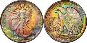 1946 Walking Liberty Half Dollar. MS-68 (PCGS). CAC. CMQ.This amazing Ultra Gem is exceptionally well preserved and vividly toned with neon green, yel...