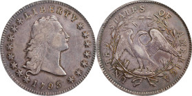 1795 Flowing Hair Silver Dollar. BB-21, B-1. Rarity-2. Two Leaves. EF-45 (PCGS). CAC. CMQ.An elegant example with warm pewter gray patina overall and ...