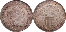 1798 Draped Bust Silver Dollar. Heraldic Eagle. BB-113, B-27. Rarity-2. Pointed 9, Close Date. AU-58 (PCGS). CAC. CMQ-X.Lightly toned in iridescent pi...